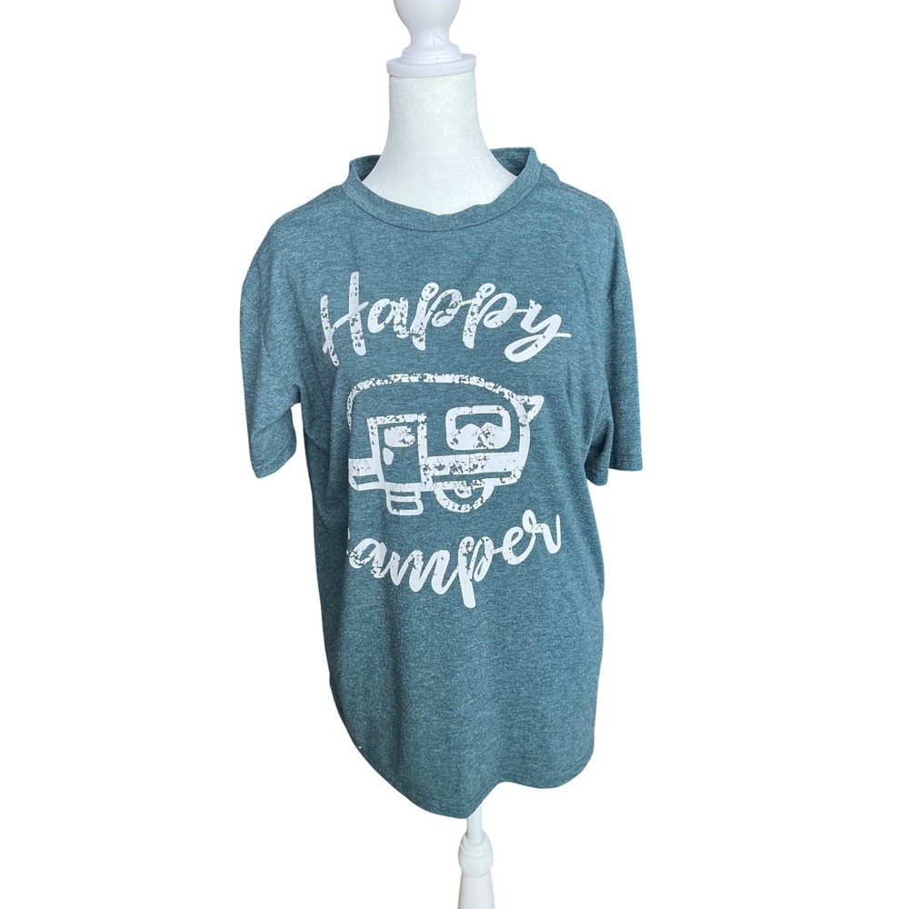 Happy Camper Graphic Tee Shirt Heather Green Short Sleeve XL Camping RV